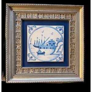 VTG Dutch Delft Blue and White Tile Holland Framed Wall Hanging